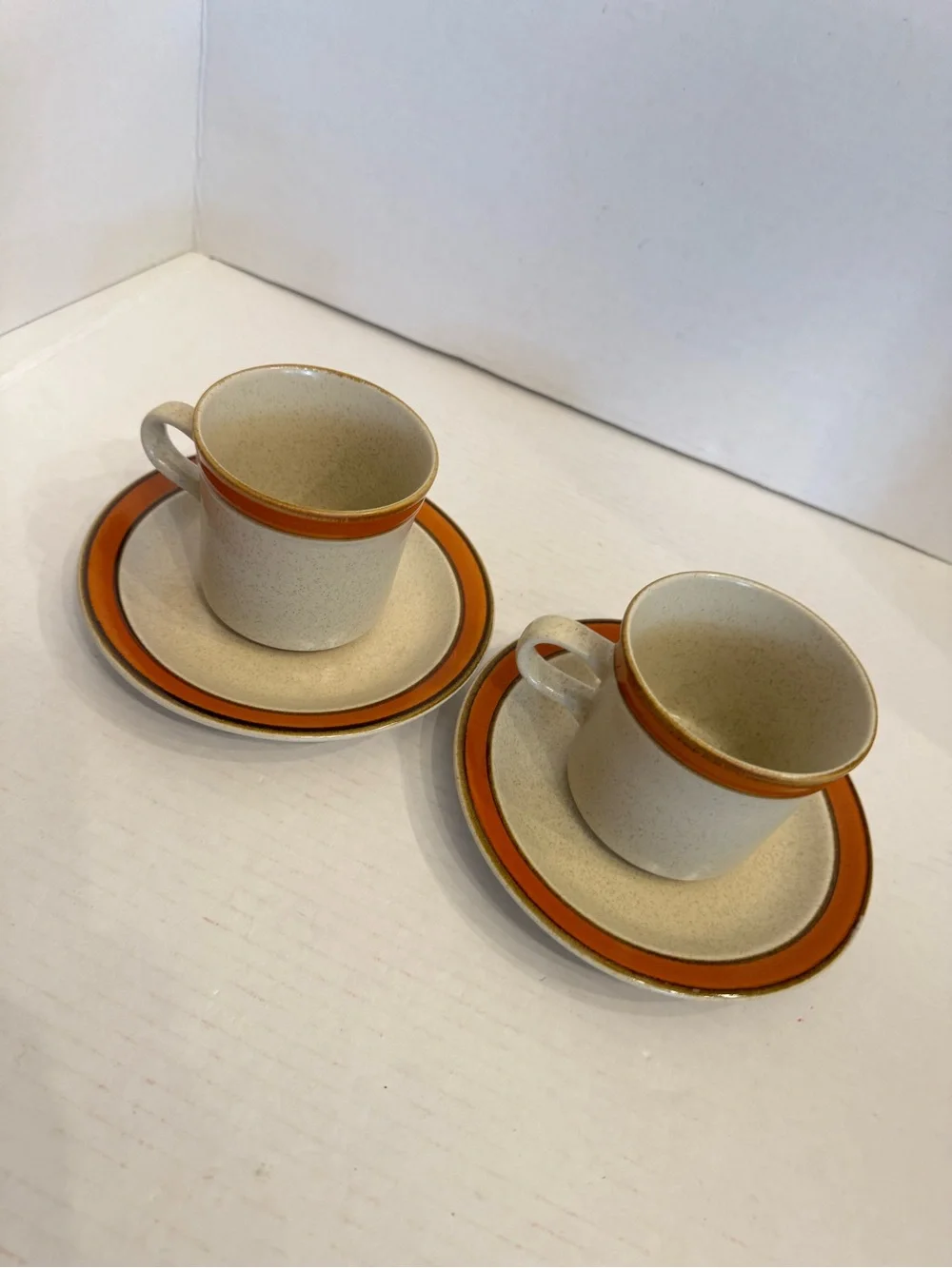 2 Sets of Sears Sahara Orange Flat Cup & Saucer Discontinued Stoneware Japan